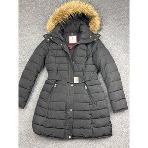 Tommy Hilfiger Jacket‎ Womens Small Black Belted Puffer Hooded Faux Fur Parka